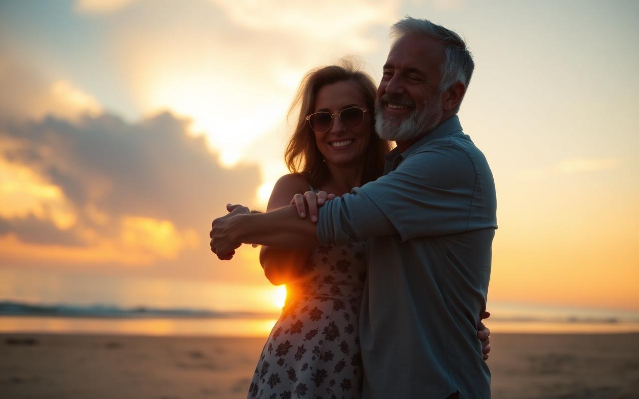 Happy couple at sunset enjoying renewed intimacy